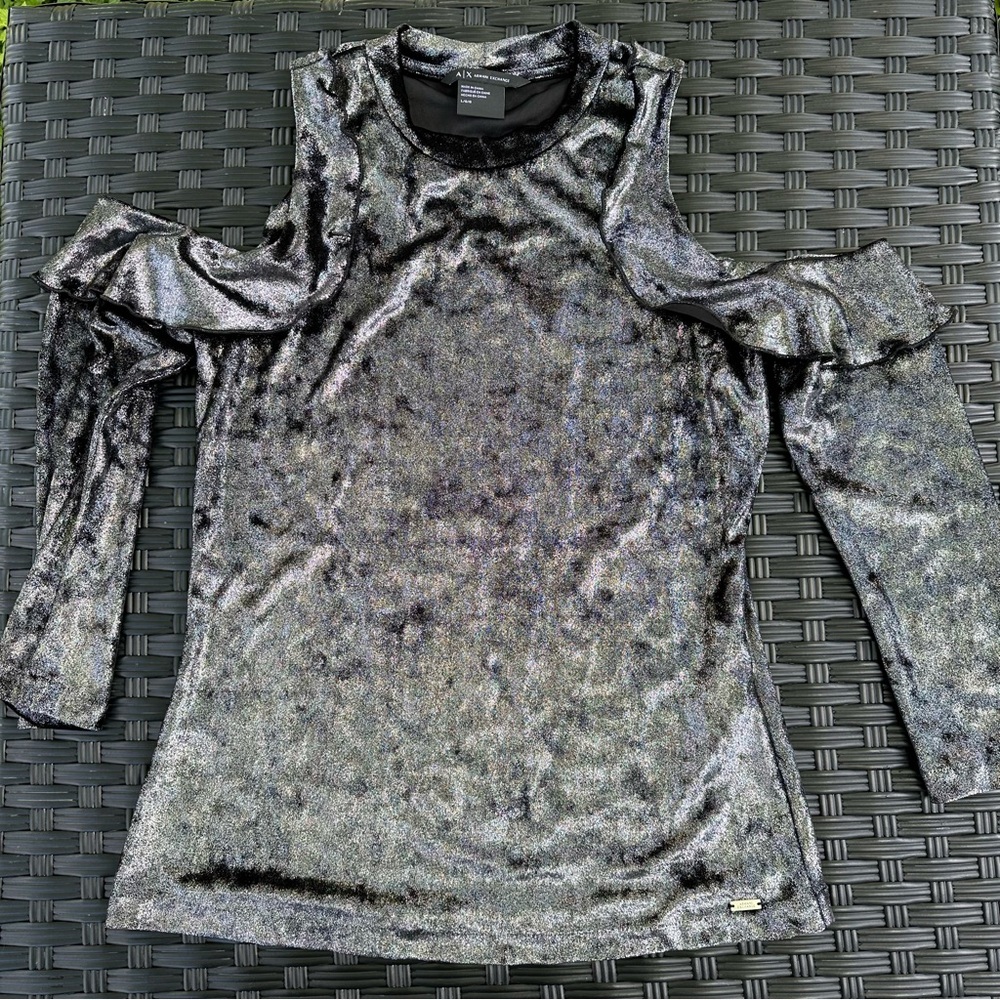 Armani Exchange size L velvet black with silver effect cold shoulders top. New